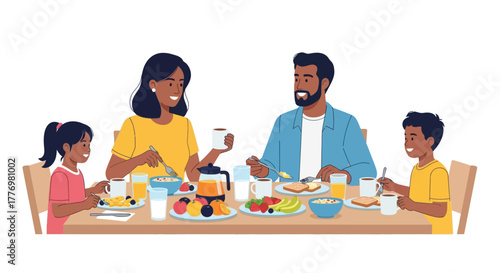Cartoon family of four eats breakfast at table with fruits drinks and pancakes