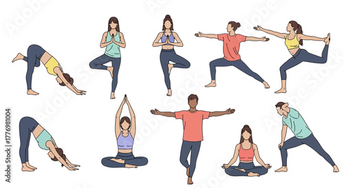 Cartoon yoga poses feature 10 figures in various asanas against a plain white background