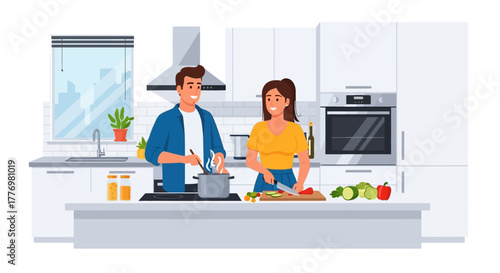 Couple in a kitchen man stirs pot woman chops vegetables Modern white cabinets window cooking appliances