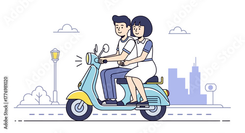 Couple on a scooter ride with a cityscape backdrop