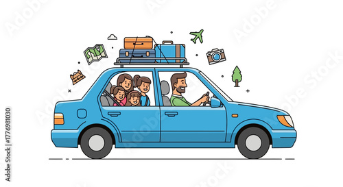 Blue car with family luggage  travel icons suggests road tripvacation