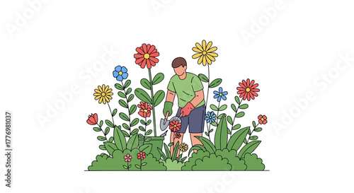 Gardener in flowerbed shovel in hand amid blooms