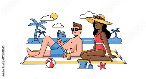 Couple on a striped beach blanket with beach accessories and tropical backdrop