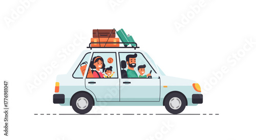 Cartoon family of four traveling in a white car with luggage strapped to the roof rack