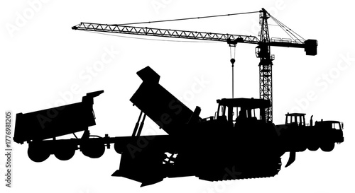 Silhouette of Construction Vehicles and Crane on White Background