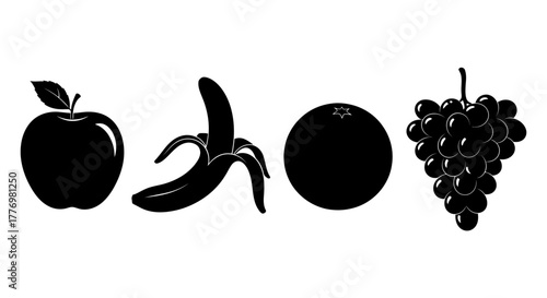 Assorted Fruits Silhouette - Apple Banana Orange Grapes Black and White Composition