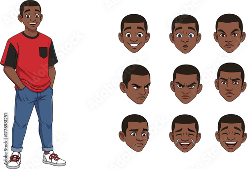 Cartoon boy character, emotional expressions, facial reactions, red shirt outfit, standing pose, animation asset, character design, white background, illustration
