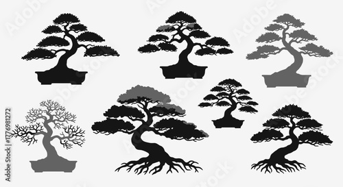 Elegant Bonsai Tree Silhouettes Collection for Zen Garden and Art