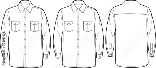 Cad drawing flat vector illustration, long sleeve shirt front back view, fashion sketch, technical garment design, apparel template, clothing blueprint