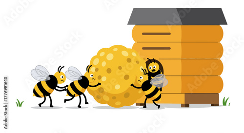 Bees working together to move a large honeycomb towards the beehive.