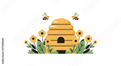 Beehive with Bees and Flowers - A Colorful Illustration.