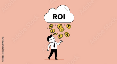Businessman Collecting ROI Coins from Cloud for Financial Growth.