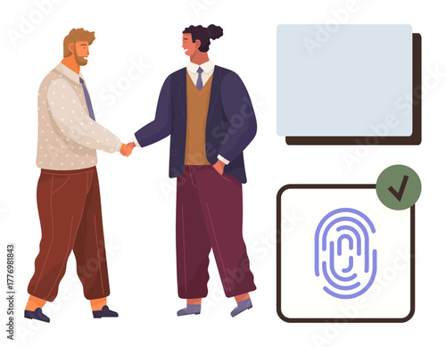 Two professionals handshake signifying agreement, nearby fingerprint icon with green check indicates successful authentication. Ideal for partnership, collaboration, trust, security, technology