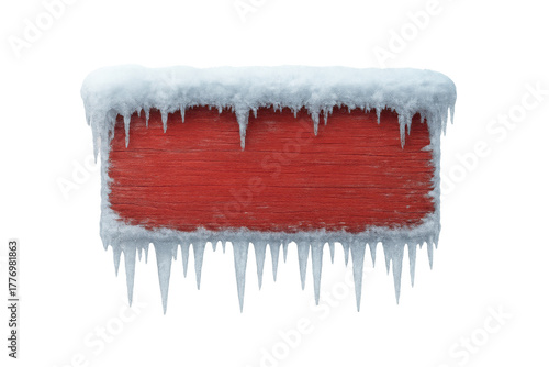 Fototapeta Naklejka Na Ścianę i Meble -  Weathered red wooden sign covered with fresh snow and sharp icicles on top and bottom border, winter season template