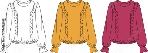 cad drawing flat vector illustration, ruffle blouse front view, fashion sketch, long sleeve top, color variation, garment design template