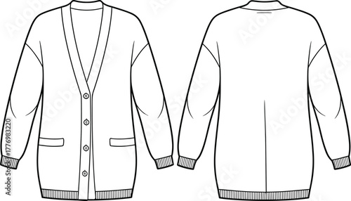 Cardigan sweater technical sketch, front and back view, fashion flat drawing, vector illustration, apparel design, CAD template, garment specification