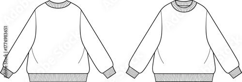 Crew neck sweatshirt front and back view with ribbed cuffs and hem, cad drawing flat vector illustration for fashion design