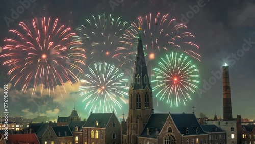 Landscape Illuminated by Pyrotechnic Displays During New Year's Eve