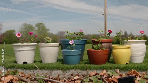 decorative container filled with blooming flowers emblematic of the spring