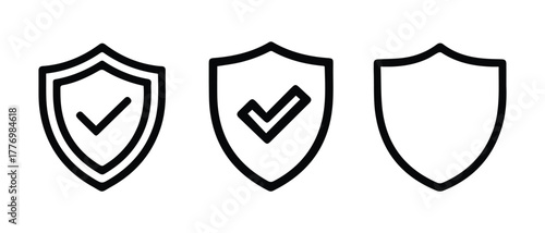 Shield Security Icons Set. Minimalist Vector Line Art for Protection, Safety, and Verified Checkmark