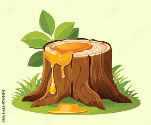 Rustic tree stump plants with golden honey dripping down the bark in a bright sunlit setting