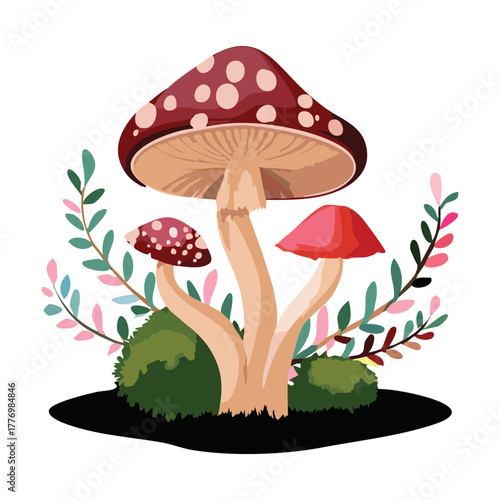 Whimsical red spotted mushroom plants standing tall among the forest moss and green fern foliage
