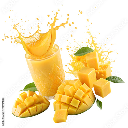 Vibrant Mango Juice Splash: Tropical Fruit, Diced Chunks & Healthy Refreshment on transparent background