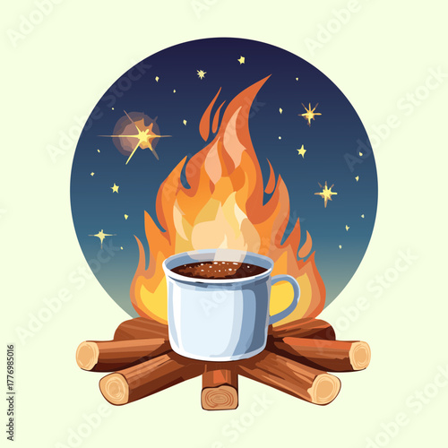 A mug of warm coffee plants next to a crackling campfire under the starry night sky