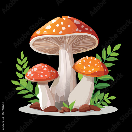 A large single red spotted toadstool mushroom plants standing tall among the forest moss and berries