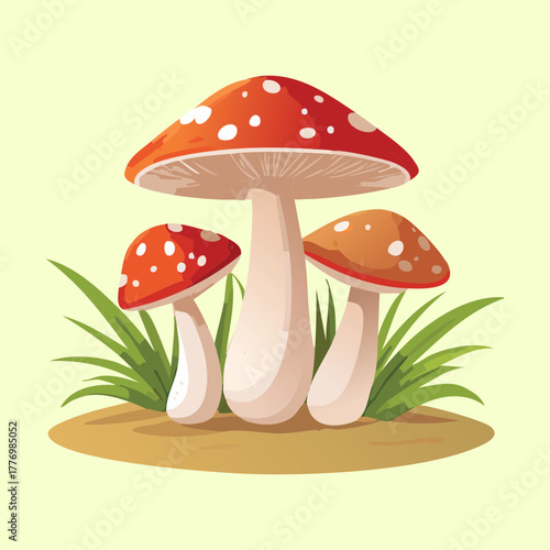 A group of whimsical red and white toadstool mushroom plants growing close together on the forest floor