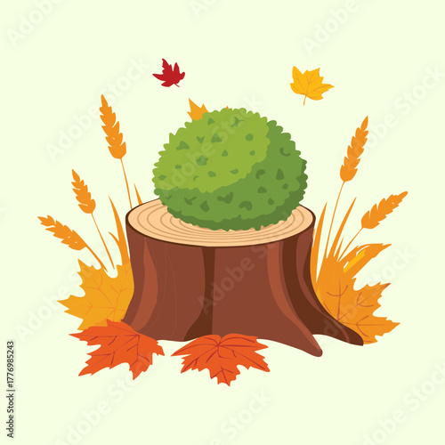 Round Moss Ball on a Tree Stump with Plants and Falling Orange Autumn Leaves