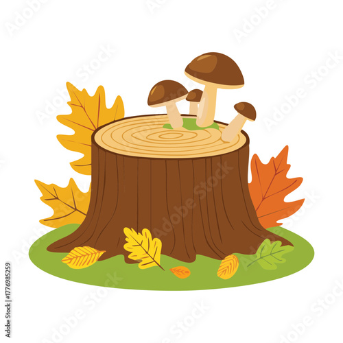 Two Mushrooms Growing on a Tree Stump with Plants and Falling Autumn Leaves