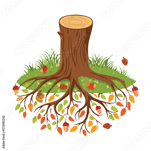 Tree Stump with Exposed Roots and Small Plants on a Mossy Hillside Illustration