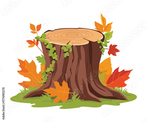 Tree Stump with Falling Autumn Leaves and Small Wild Plants on the Forest Floor