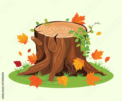 Old Tree Stump Surrounded by Red and Orange Plants and Falling Autumn Leaves