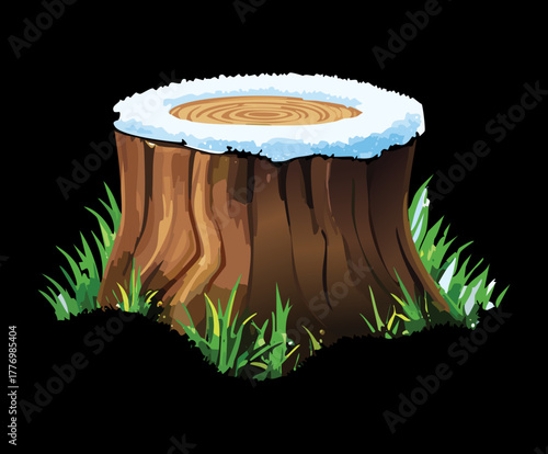 Round Tree Stump with Fresh Snow on Top and Green Plants Below in a Cold Winter Landscape