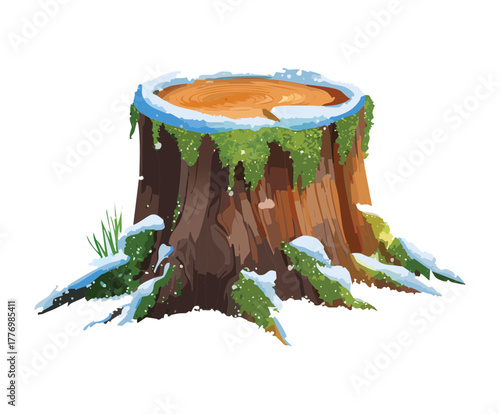 Old Tree Stump with Patches of Moss and Small Green Plants in a Bright Forest Scene