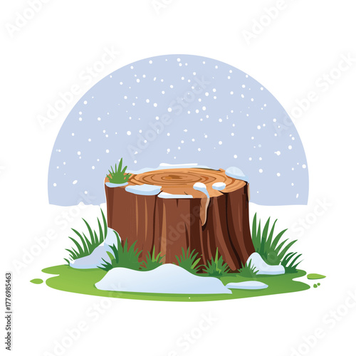 Snowy Winter Scene with a Fallen Tree Stump Surrounded by White Snow and Dormant Plants