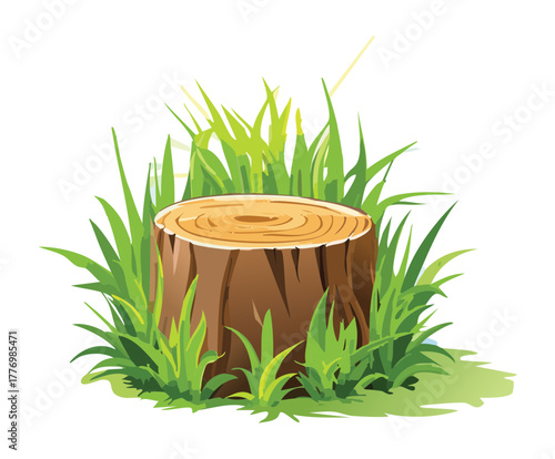 Simple Wooden Tree Stump with Lush Plants and Grass on a Hill in a Sunny Meadow