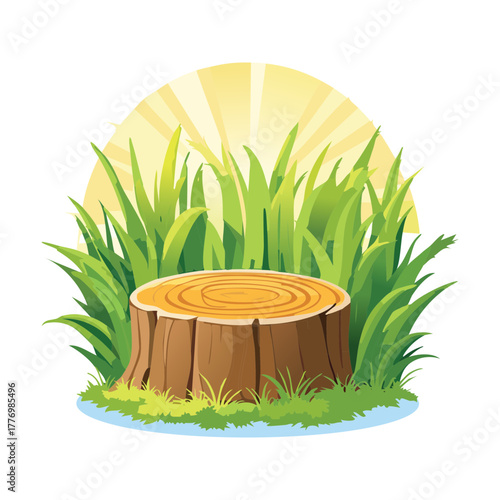 Bright Sun Shining on Fresh Green Plants and Grass around a Simple Wooden Tree Stump