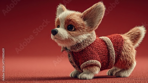 Premium studio-lit corgi Santa, festive solid red, top copy-area, no text no logo—ideal for brand card, splash screen, calendar cover, e-com hero, PSA ad.