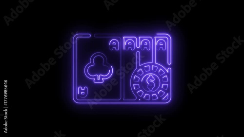 Neon style gambling elements animation with playing cards and casino chip on black background