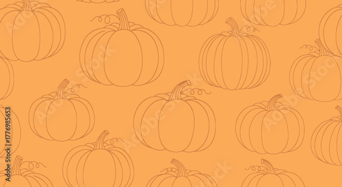 A repeating seamless pattern of hand-drawn pumpkin outlines on a solid orange background.