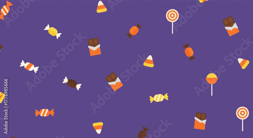 A vibrant purple background adorned with a playful pattern of assorted Halloween candies and lollipops.