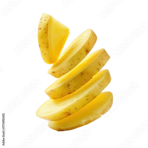 Falling peal partially sliced potato isolate on transparency background