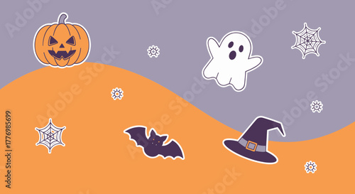 A festive Halloween illustration featuring a jack-o'-lantern, ghost, bat, and witch's hat on a colorful background.