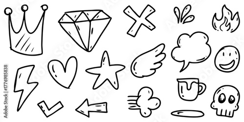 playful collection of hand drawn doodle icons featuring simple sketch style elements like crown, diamond, heart, star, skull, lightning, coffee cup, and more.