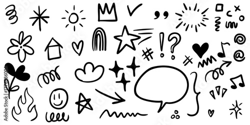 collection of hand drawn doodle elements including arrows, stars, hearts, speech bubbles, flowers, clouds, and abstract symbols.