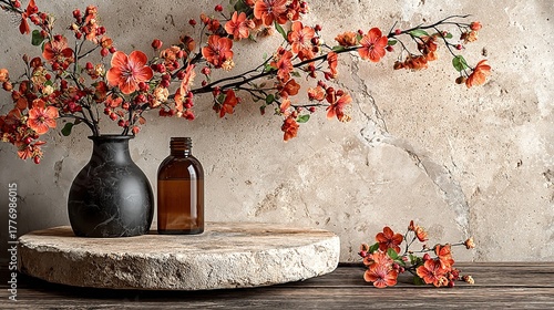 Minimalist beige stone podium & dried-flower mockup, clean copy-space for cosmetic bottle hero, poster or social post.