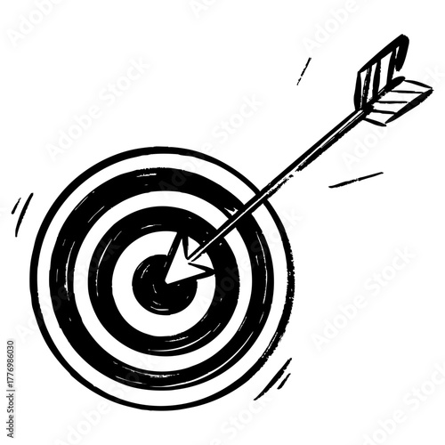 black and white hand-drawn illustration of an arrow hitting the bullseye target. Perfect for concepts of accuracy, success, goal achievement, precision, and focus.